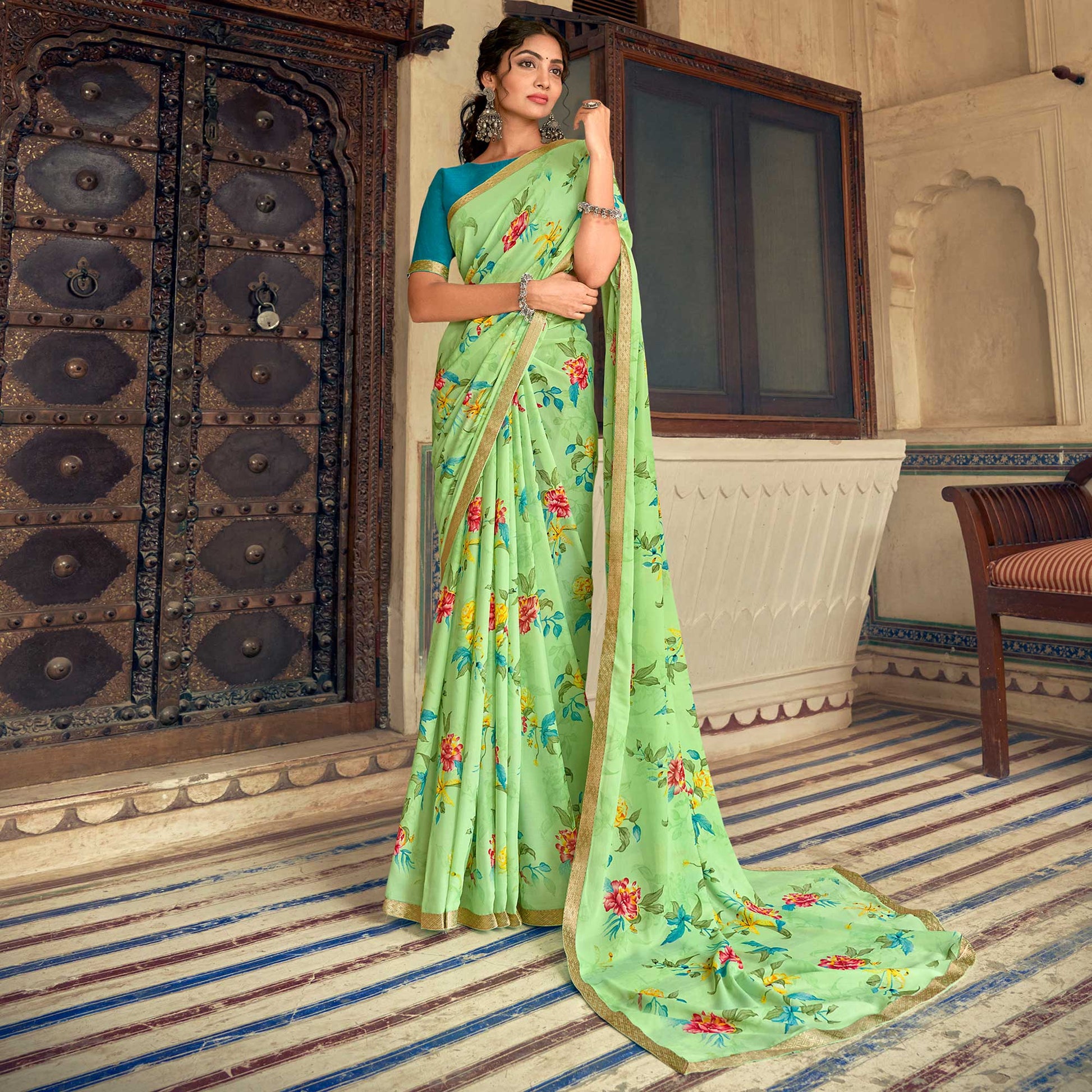 green-floral-printed-chiffon-saree-1