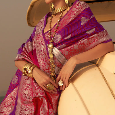 Magenta Pink Woven Satin Saree With Tassels