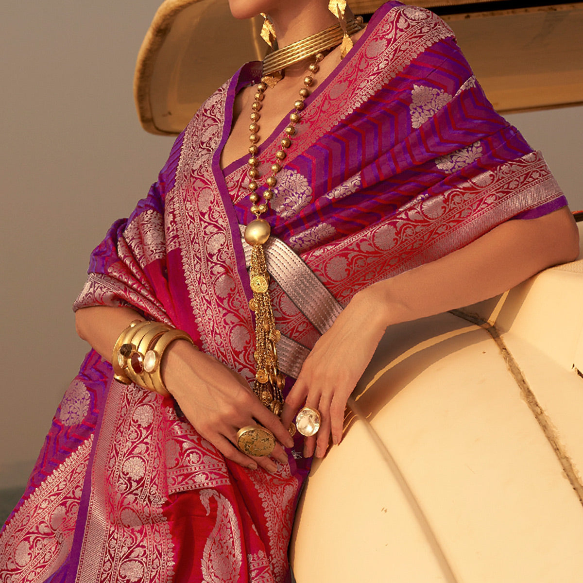Magenta Pink Woven Satin Saree With Tassels