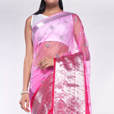 Light Pink Sequins Embroidered Organza Saree
