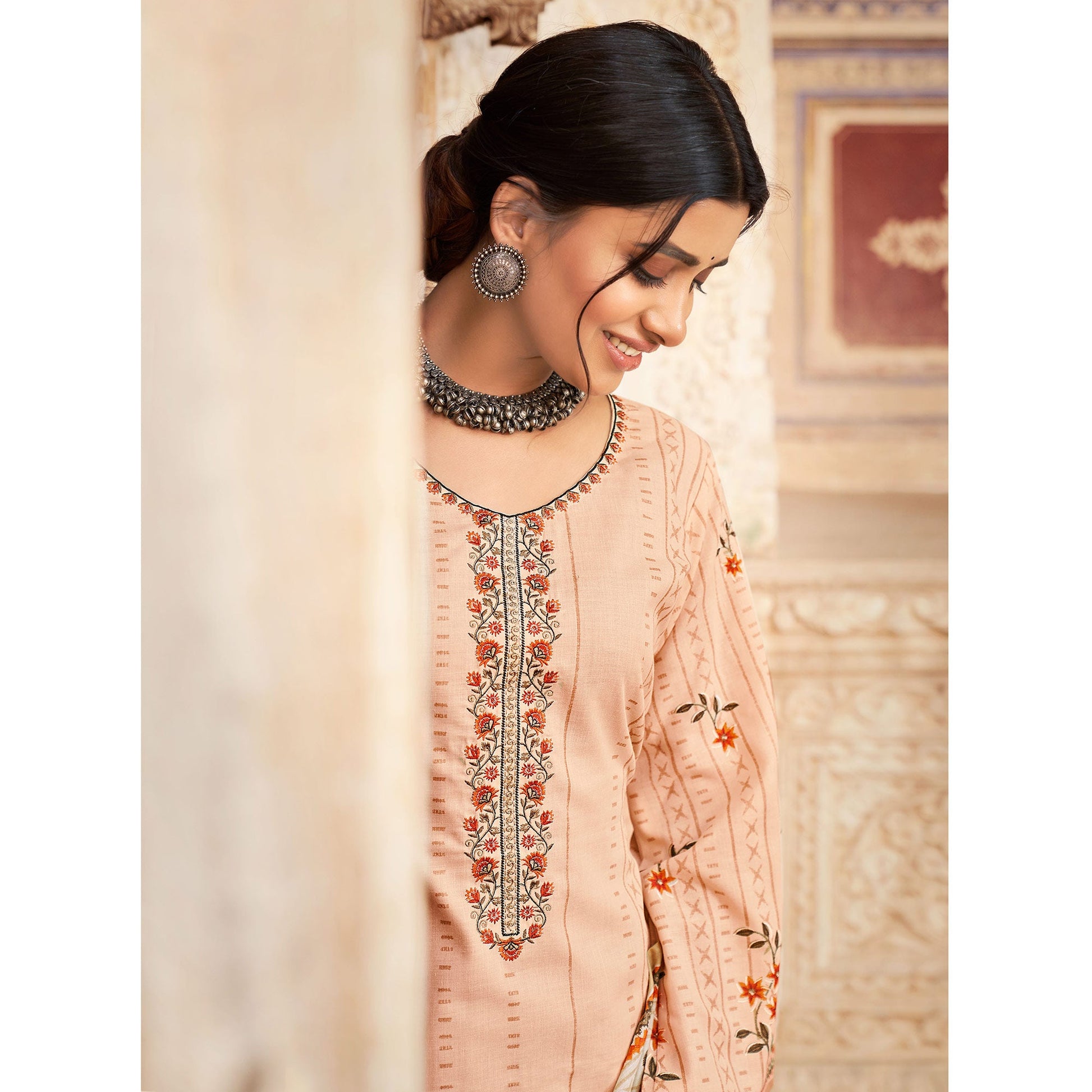 Chikoo Floral Printed With Embroidered Pure Cotton Palazzo Suit