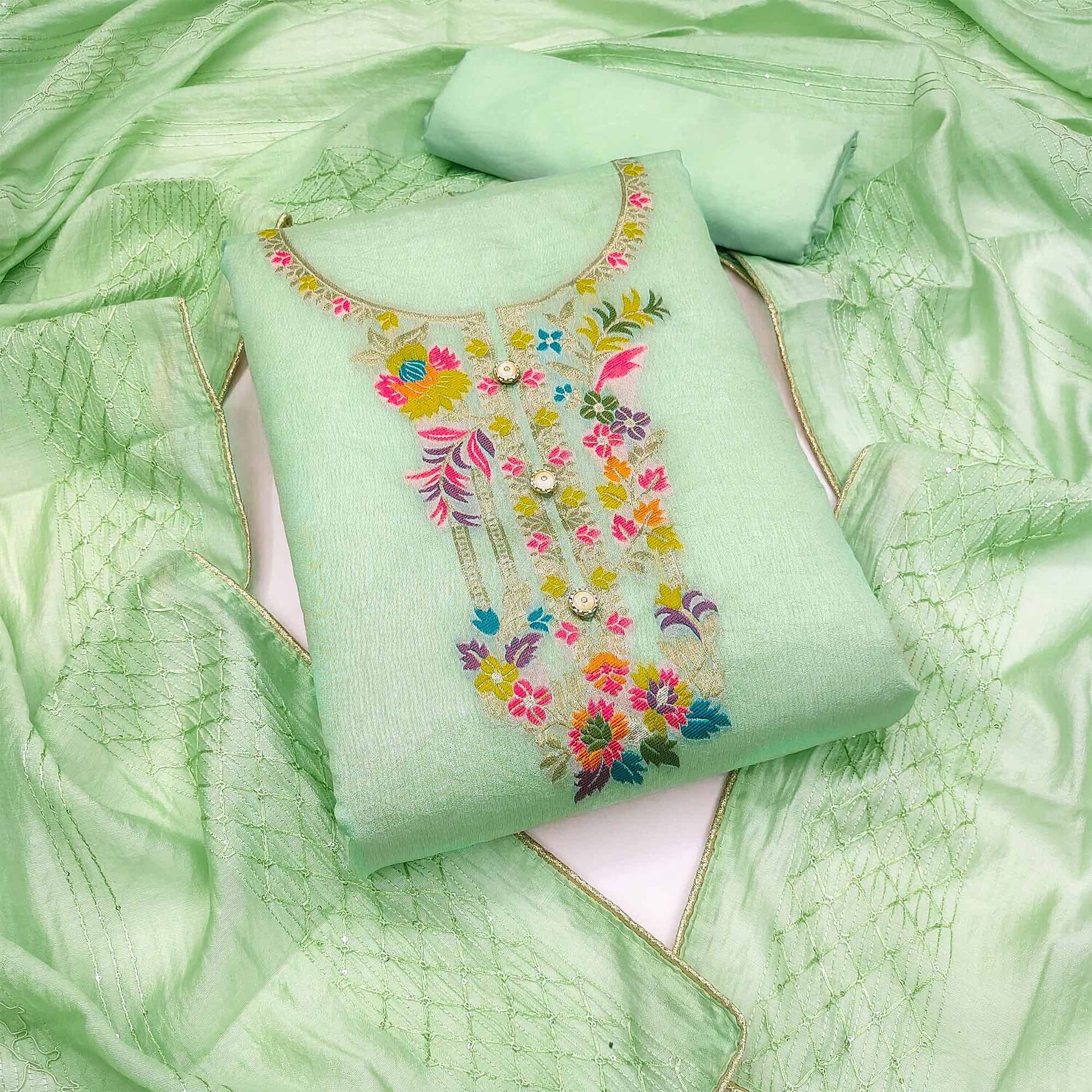 green-floral-woven-dola-silk-dress-material