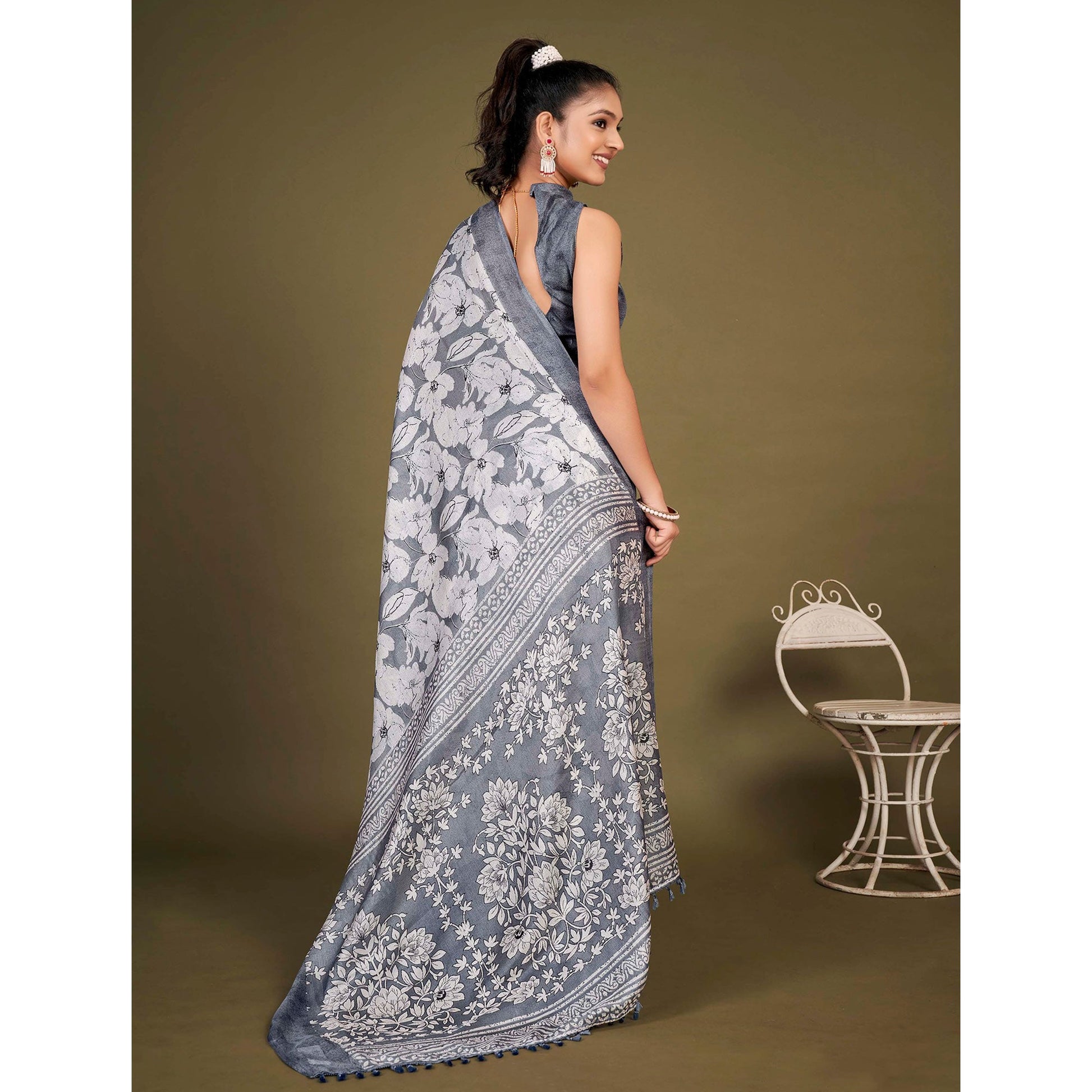 grey-floral-printed-jute-saree-with-tassels