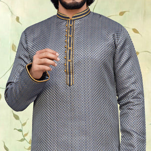 Grey Woven Jacquard Kurta Pyjama Set