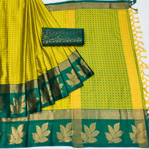 Lemon Yellow Woven Cotton Silk Saree With Tassels