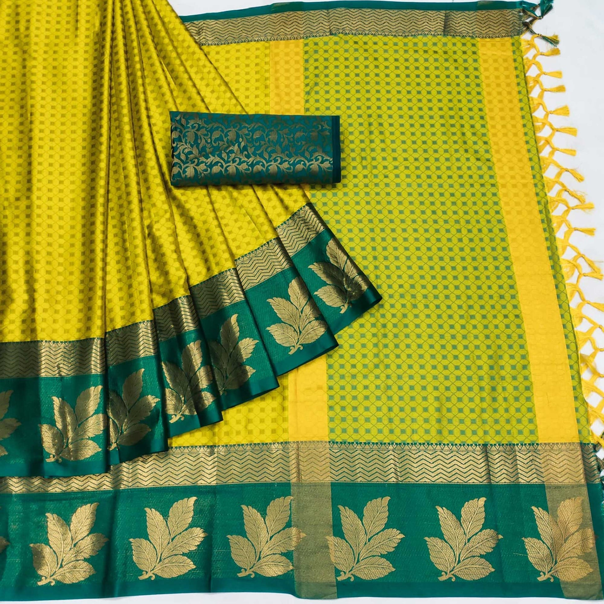 Lemon Yellow Woven Cotton Silk Saree With Tassels