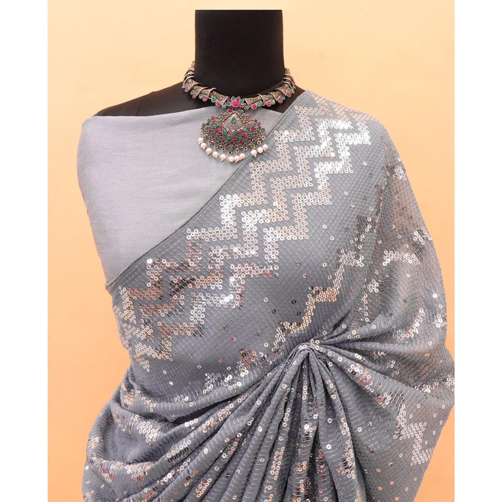 Grey Sequins Embroidered Georgette Saree