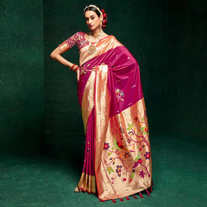 Magenta Pink Woven Pure Silk Paithani Saree With Tassels