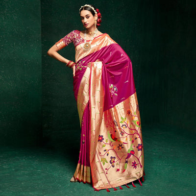 Magenta Pink Woven Pure Silk Paithani Saree With Tassels