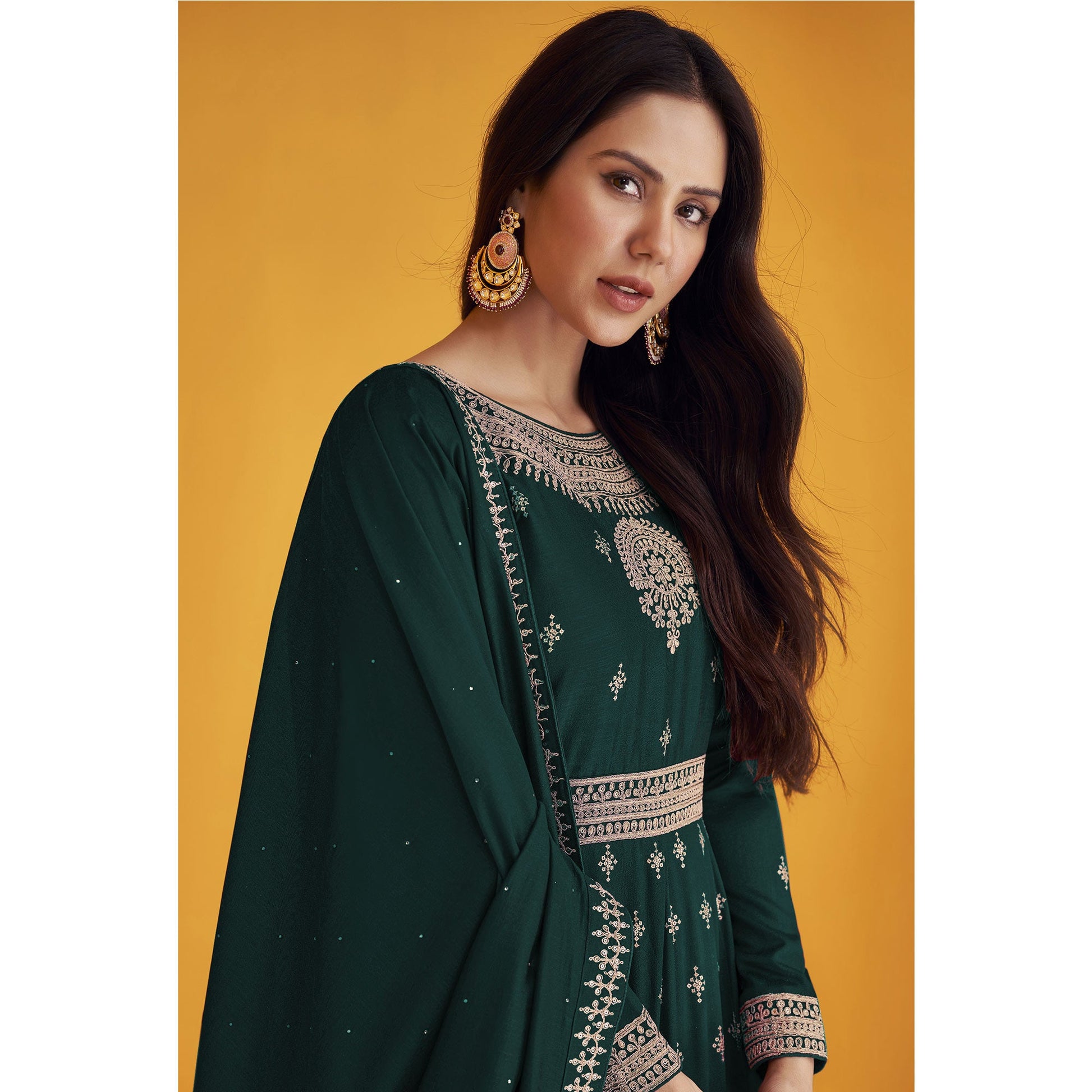 Dark Green Sequins Embroidered Georgette Semi Stitched Anarkali Suit