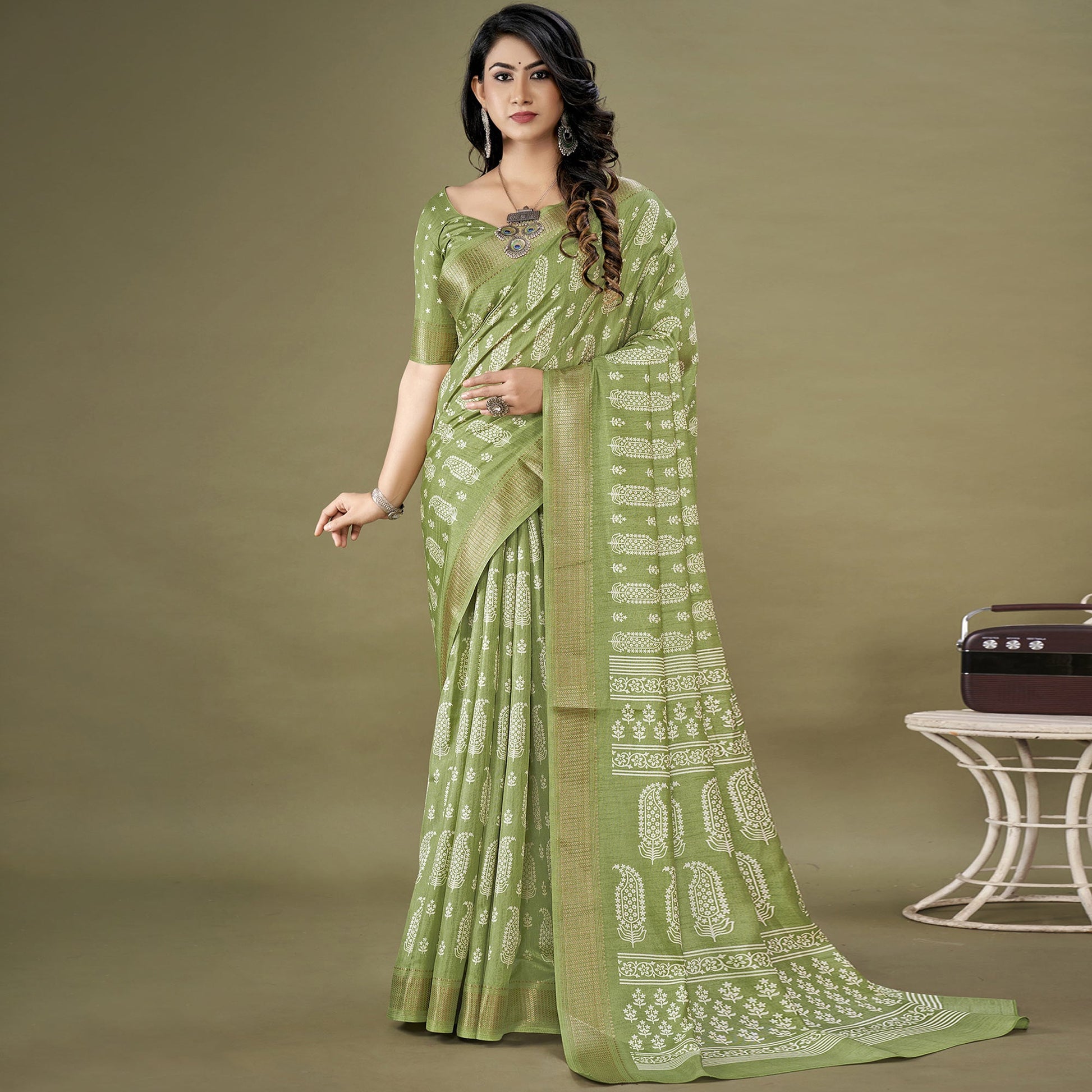 green-floral-printed-dola-silk-saree-1