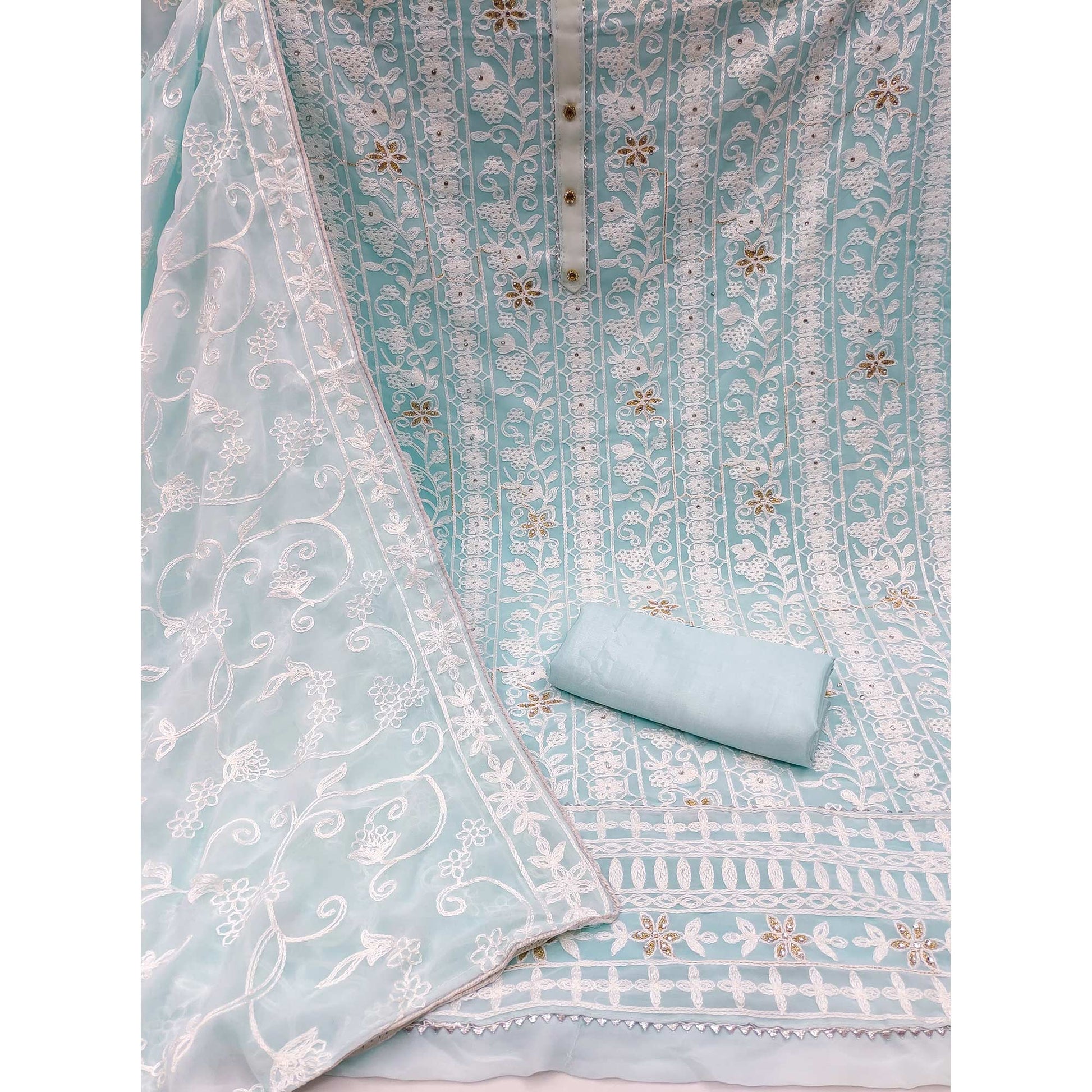 Light Blue Lucknowi Embroidered Georgette Dress Material