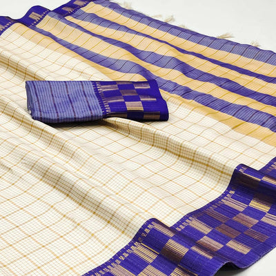 Cream & Blue Woven Cotton Silk Saree