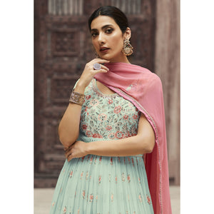 Light Pista Green Sequins Floral Embroidered Georgette Semi Stitched Anarkali Suit