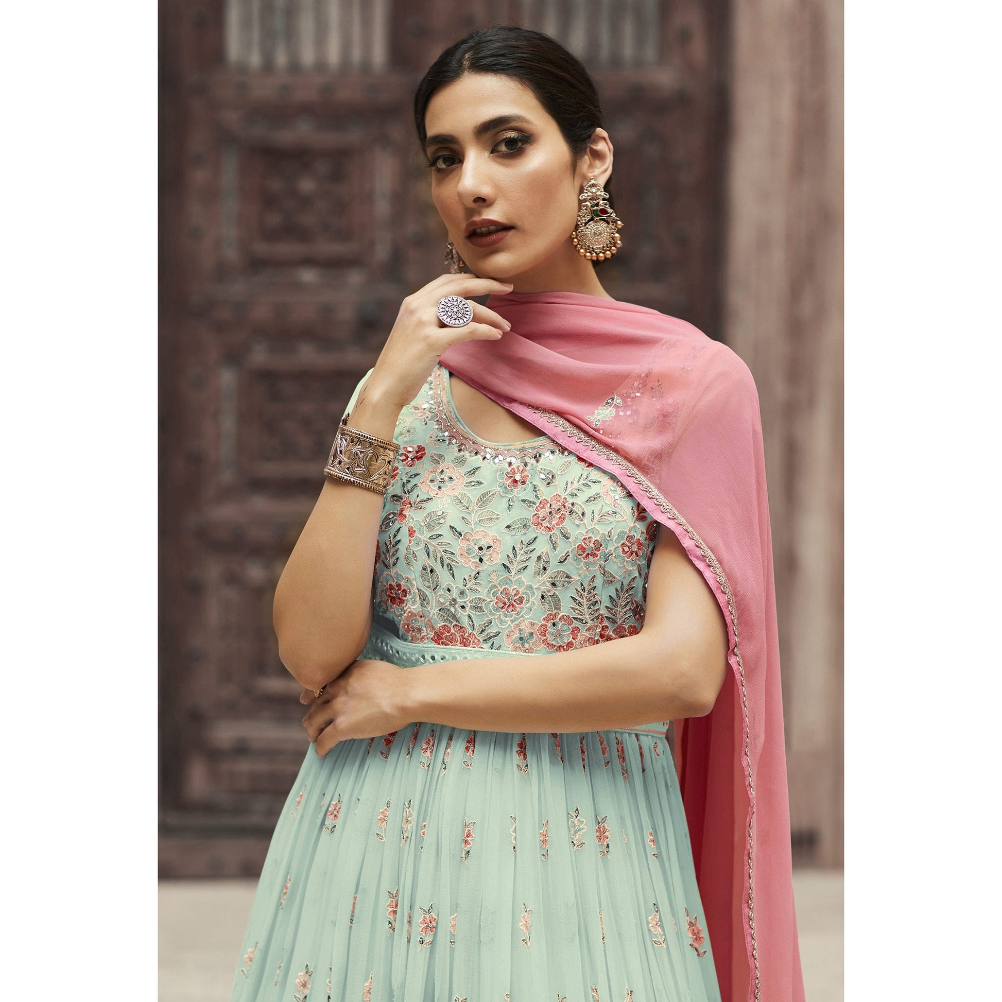 Light Pista Green Sequins Floral Embroidered Georgette Semi Stitched Anarkali Suit