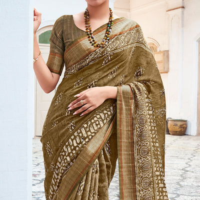 Mehendi Green Printed With Woven Border Cotton Saree