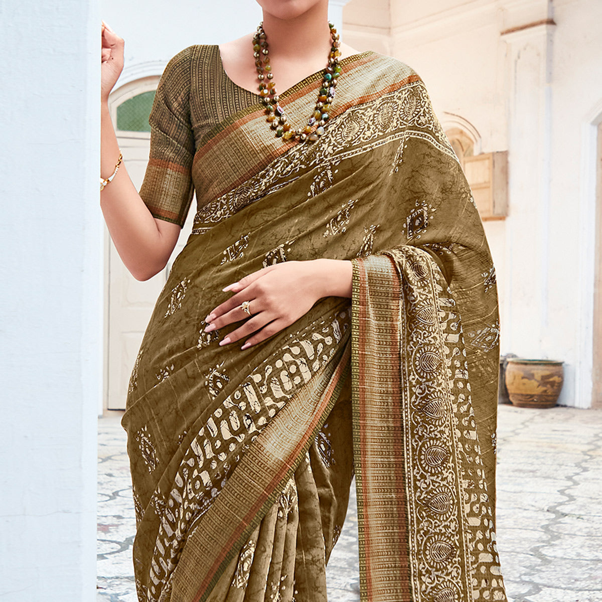Mehendi Green Printed With Woven Border Cotton Saree