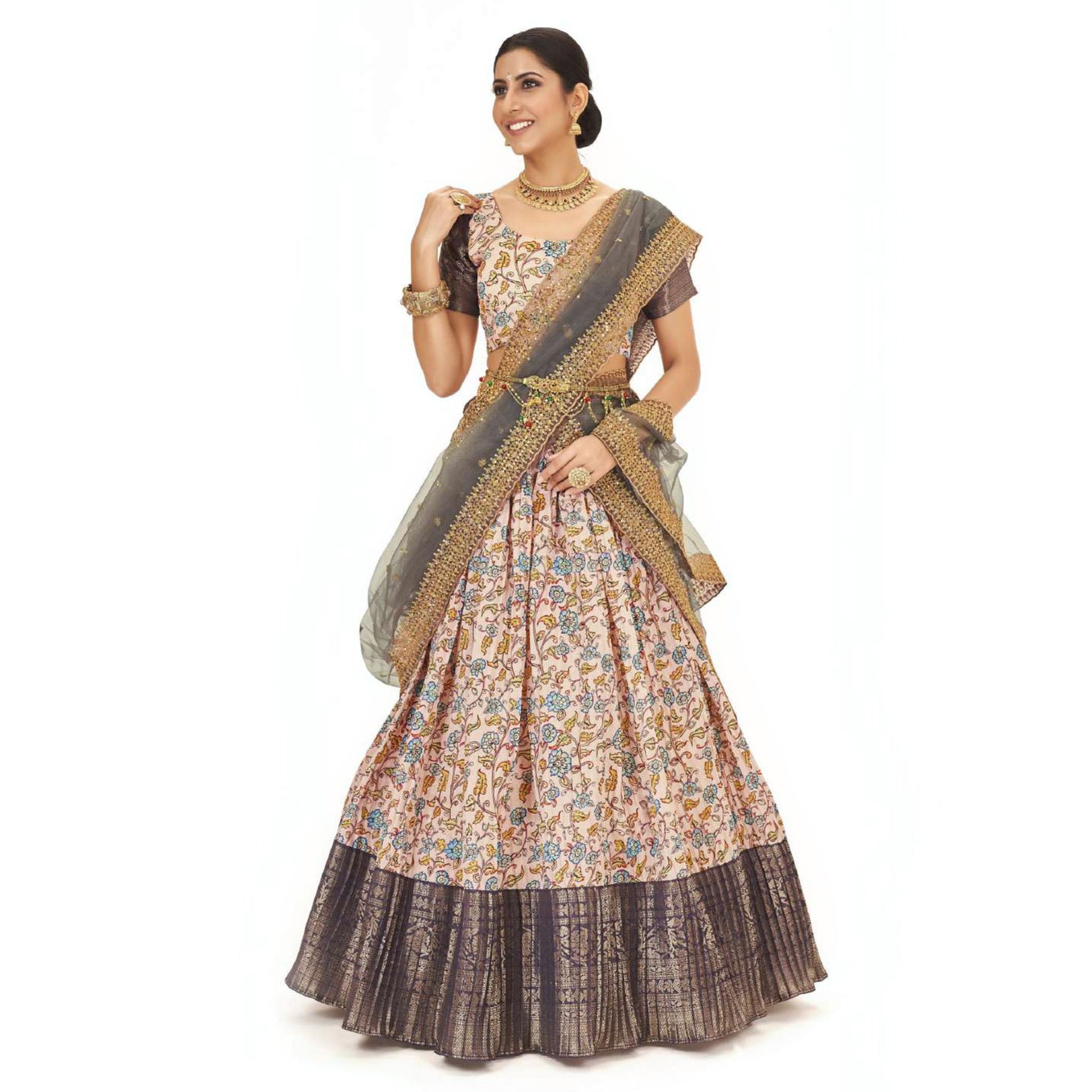 Light Peach Digital Printed With Zari Work Art Silk Lehenga Choli