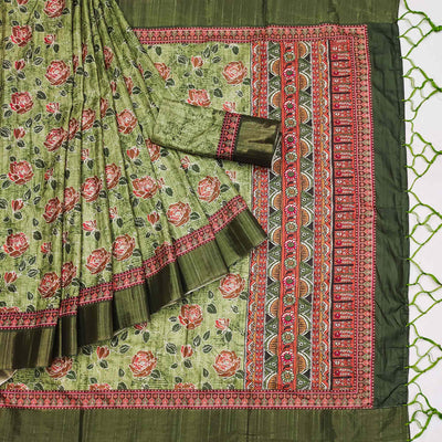 green-floral-printed-matka-tussar-saree-with-tassels