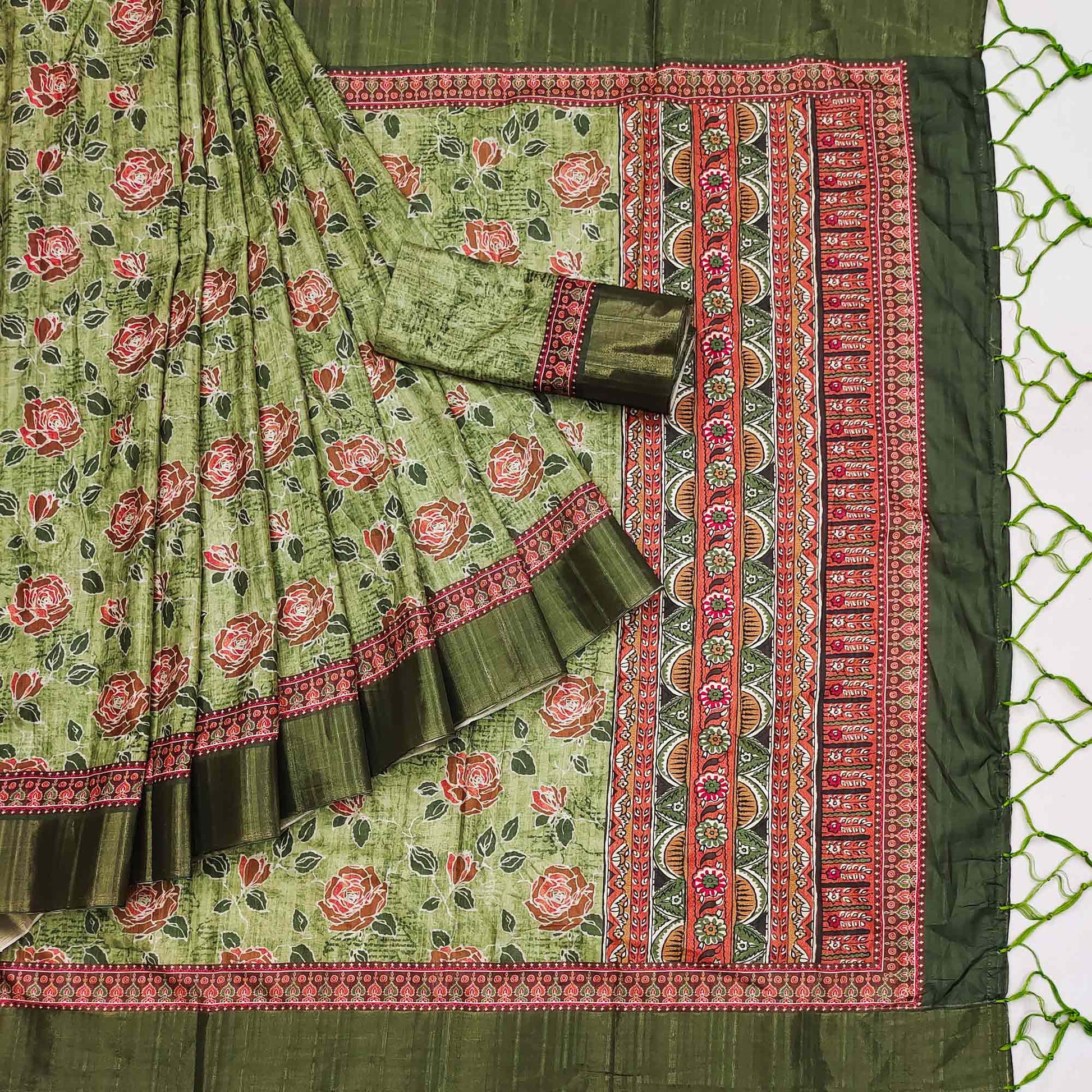 green-floral-printed-matka-tussar-saree-with-tassels