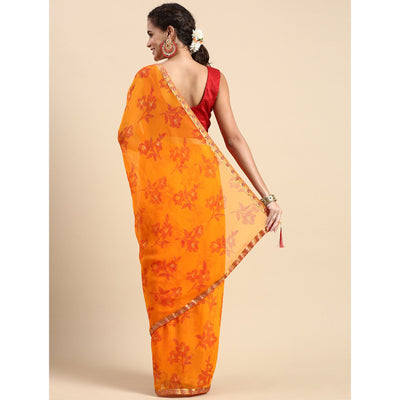 Light Orange Floral Foil Printed Zomato Saree