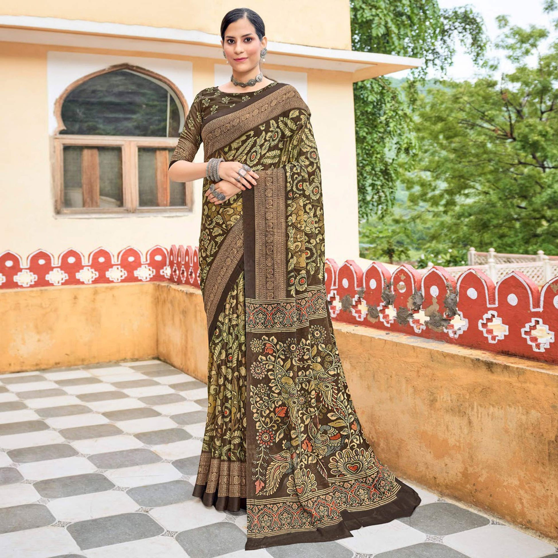 Brown-Green Floral Printed Georgette Saree