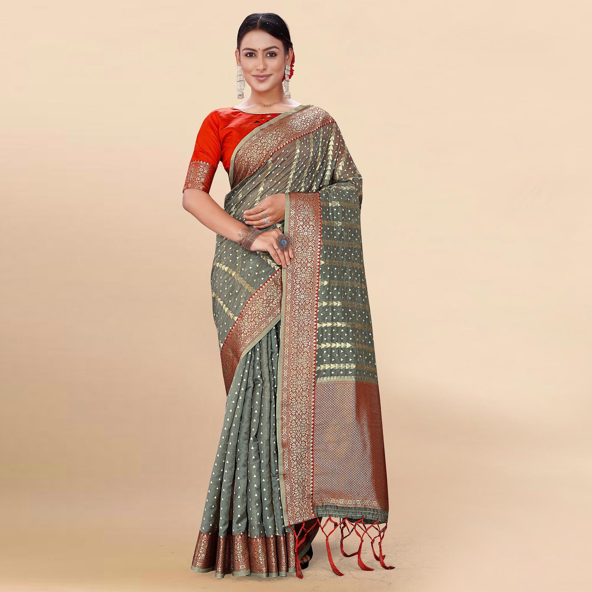 Grey Woven Organza Saree With Tassels