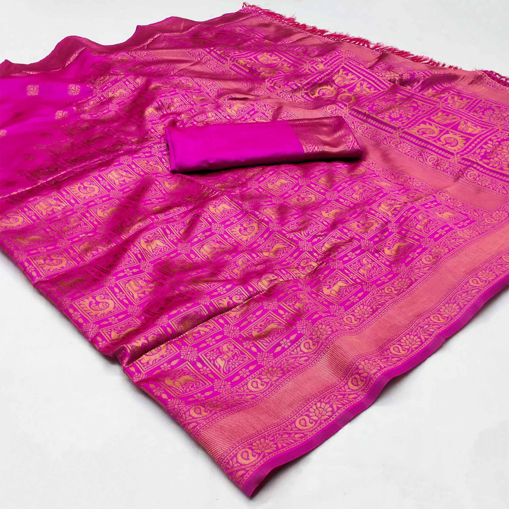 Magenta Pink Woven Jacquard Saree With Tassels