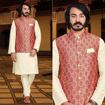 Cream Red Woven Art Silk Kurta Pyjama Set With Jacket