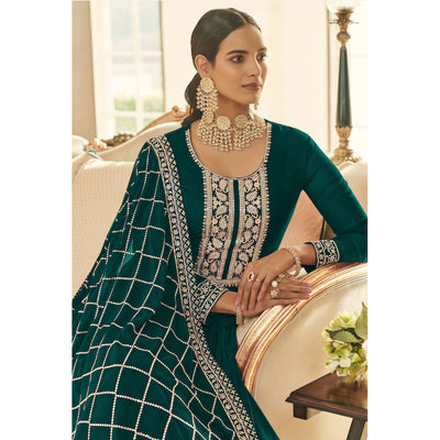 Bottle Green Embroidered Georgette Gown