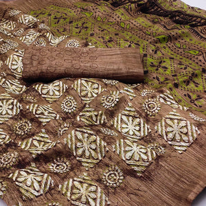 Brown Floral Printed Art Silk Saree