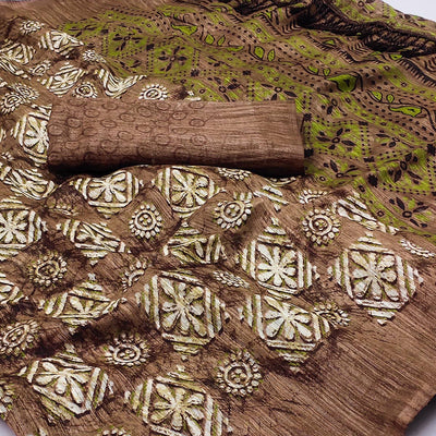 Brown Floral Printed Art Silk Saree