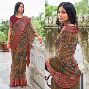 Brown Printed With Woven Border Raw Silk Saree