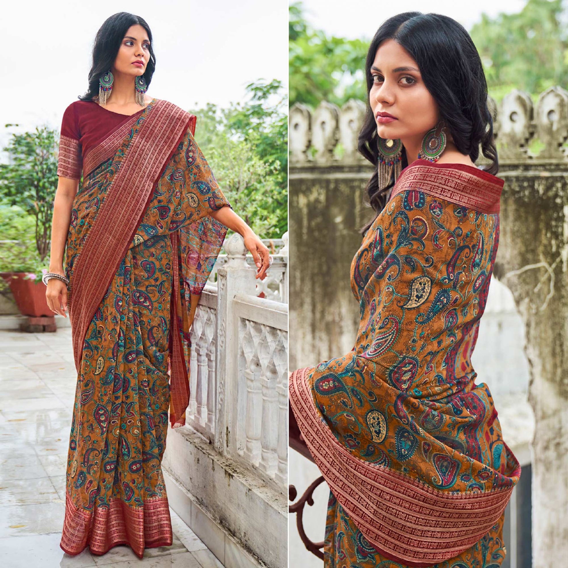 Brown Printed With Woven Border Raw Silk Saree