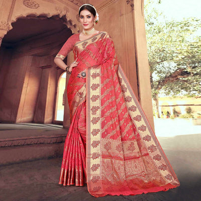 Gajari Pink Floral Woven Organza Saree