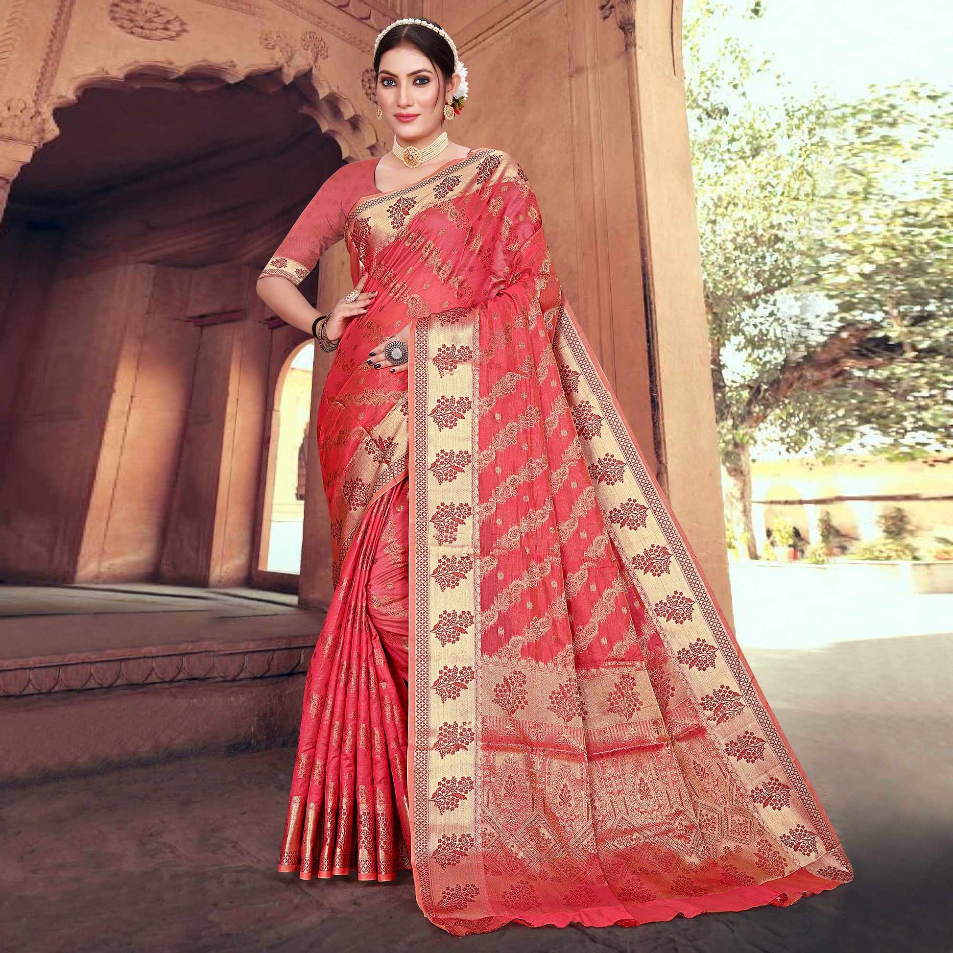 Gajari Pink Floral Woven Organza Saree