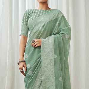 green-woven-linen-saree-2