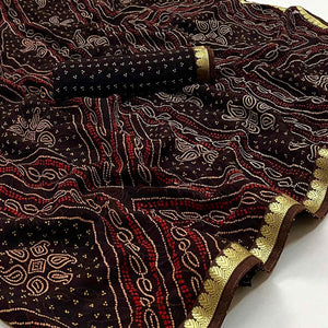 Dark Brown Bandhani Printed Georgette Saree With Designer Border