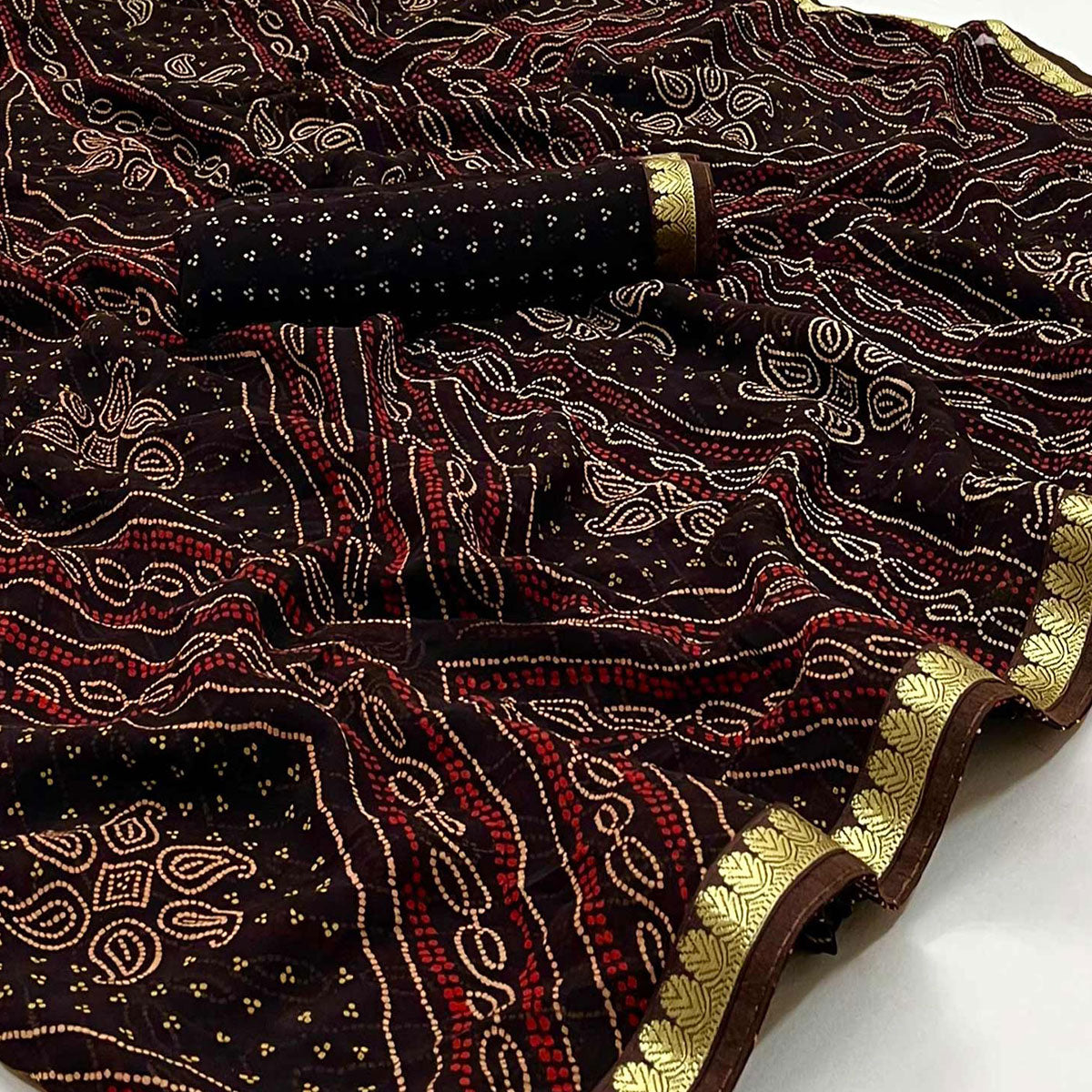 Dark Brown Bandhani Printed Georgette Saree With Designer Border