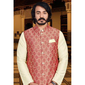 Cream Red Woven Art Silk Kurta Pyjama Set With Jacket