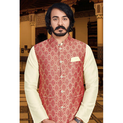 Cream Red Woven Art Silk Kurta Pyjama Set With Jacket