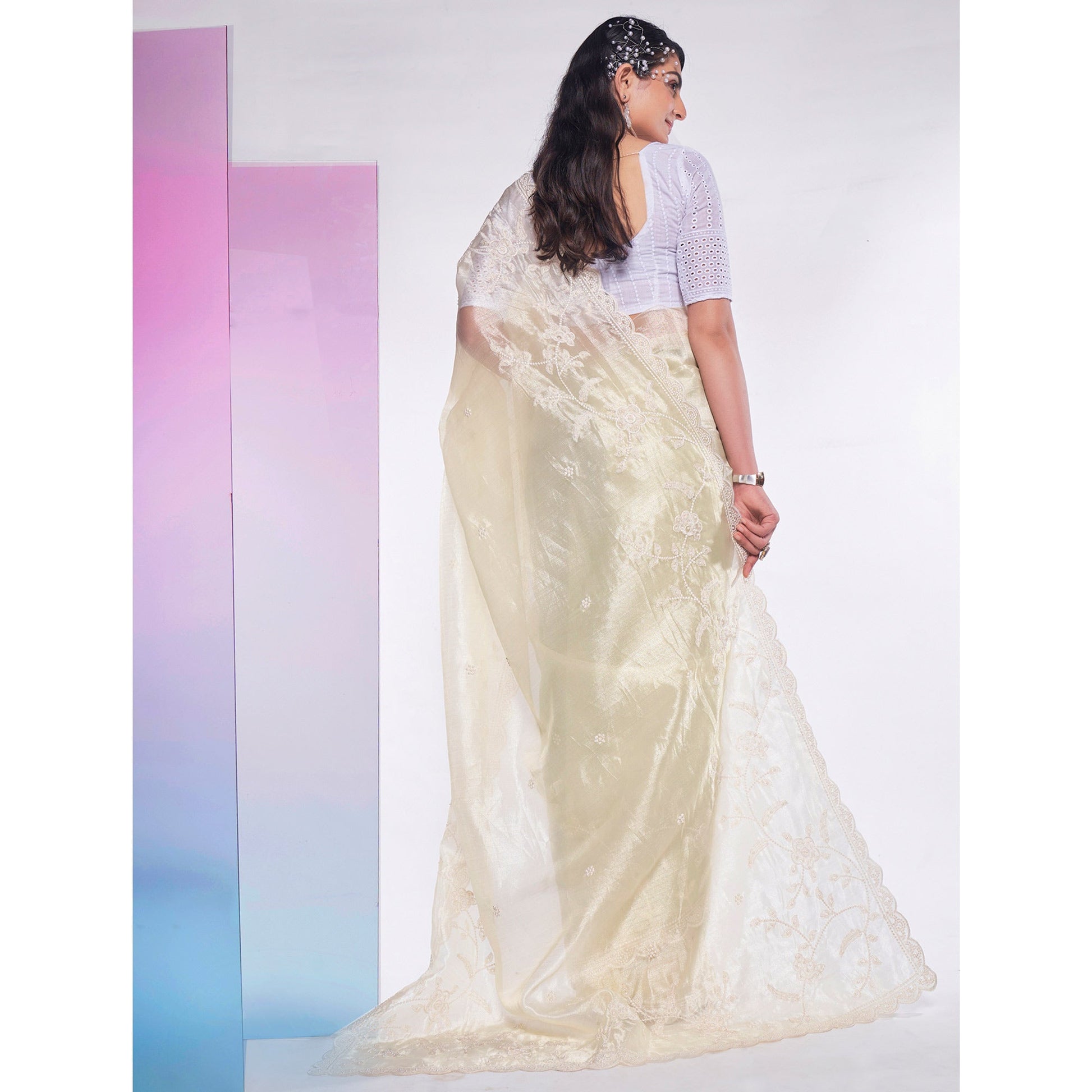 Light Yellow Floral Embroidered Organza Saree