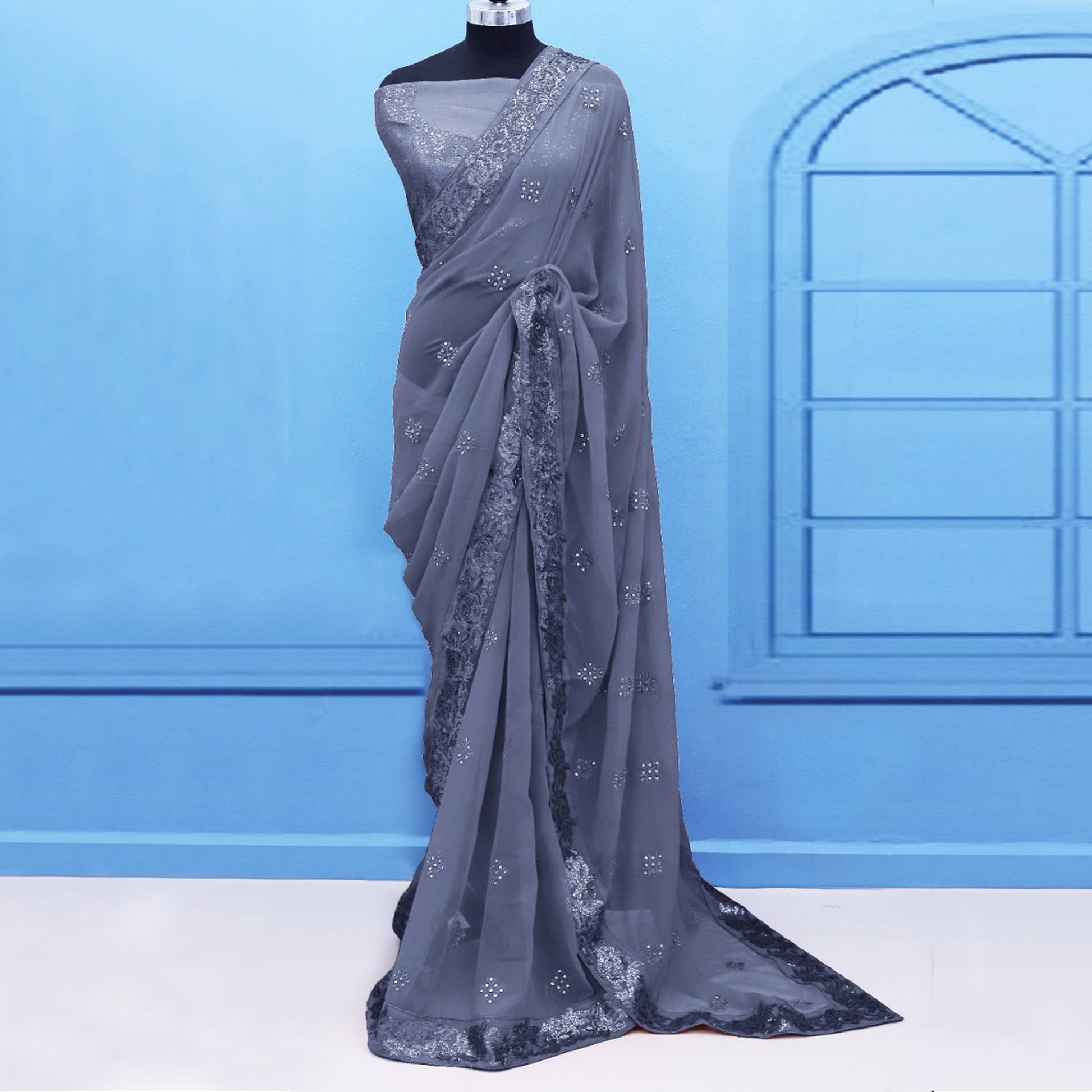 Grey Sequins Emroidered Georgette Saree