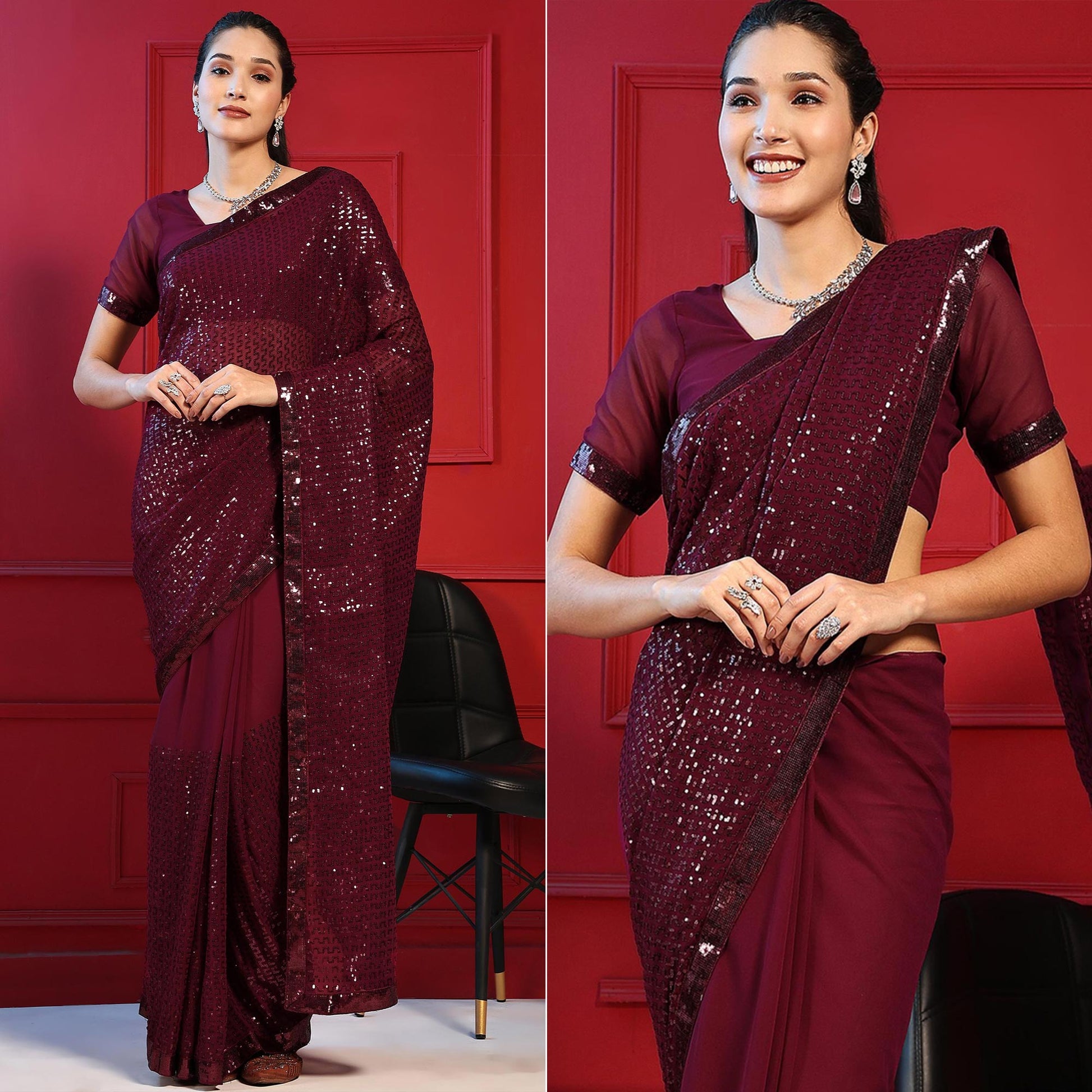 Maroon Sequins Embroidered Georgette Saree