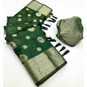 Bottle Green Floral Woven Organza Saree