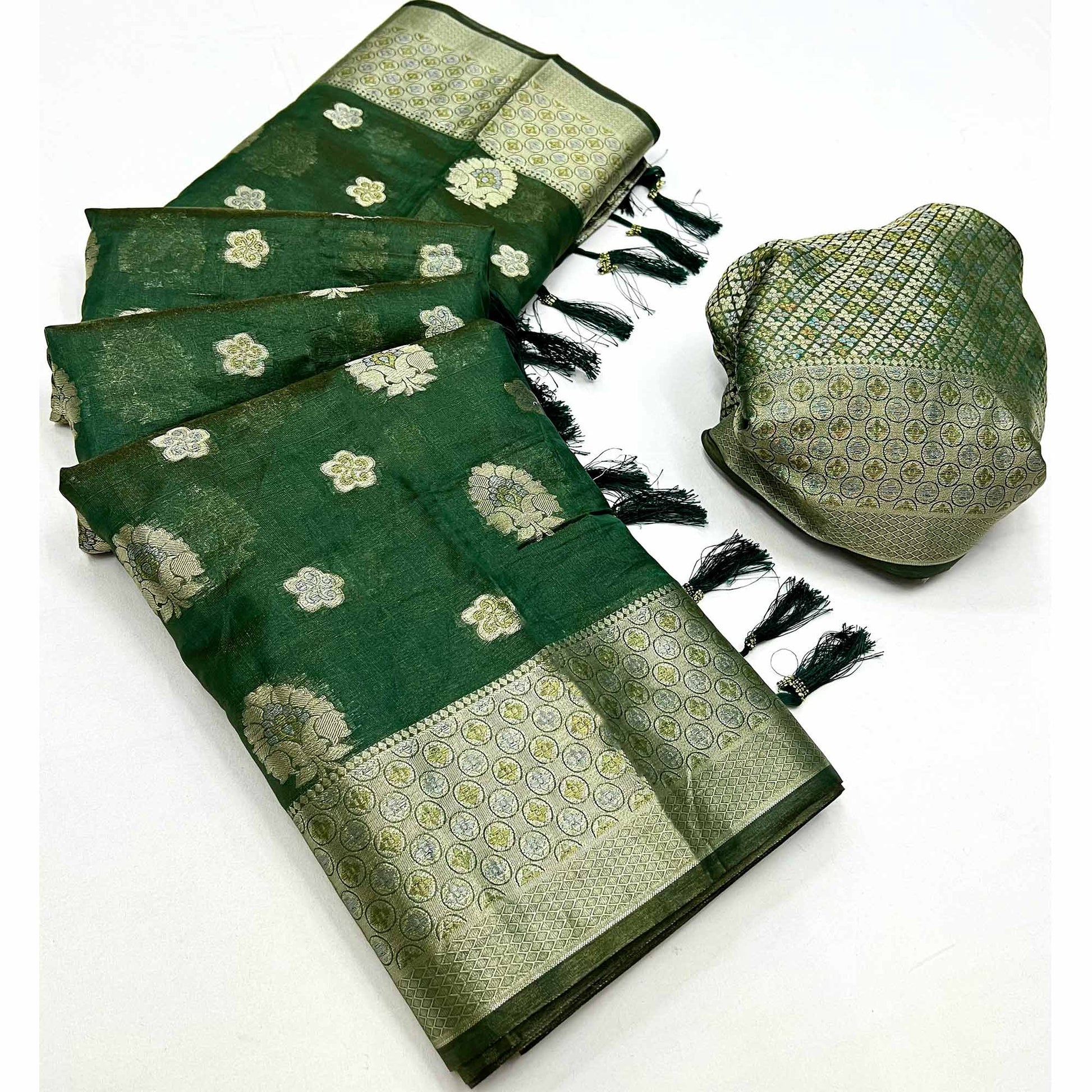 Bottle Green Floral Woven Organza Saree