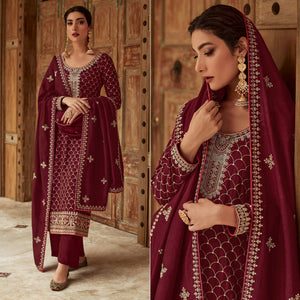 Maroon Floral Embroidered Art Silk Palazzo Suit