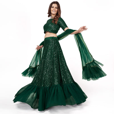 Dark Green Sequins Embroidered Georgette Lehenga Choli