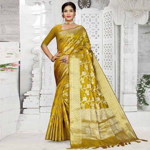 Mehendi Green Floral Woven Organza Saree With Tassels