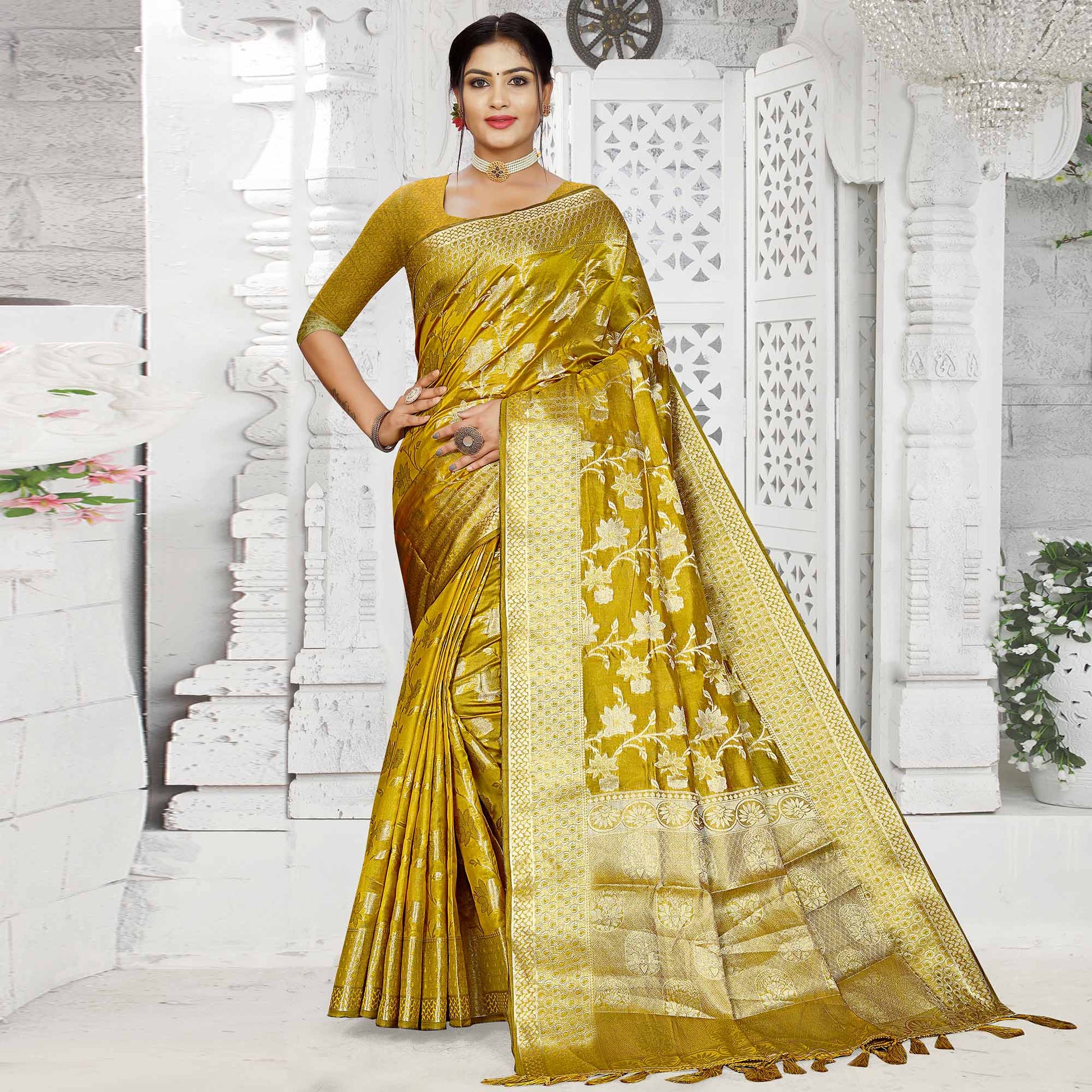 Mehendi Green Floral Woven Organza Saree With Tassels